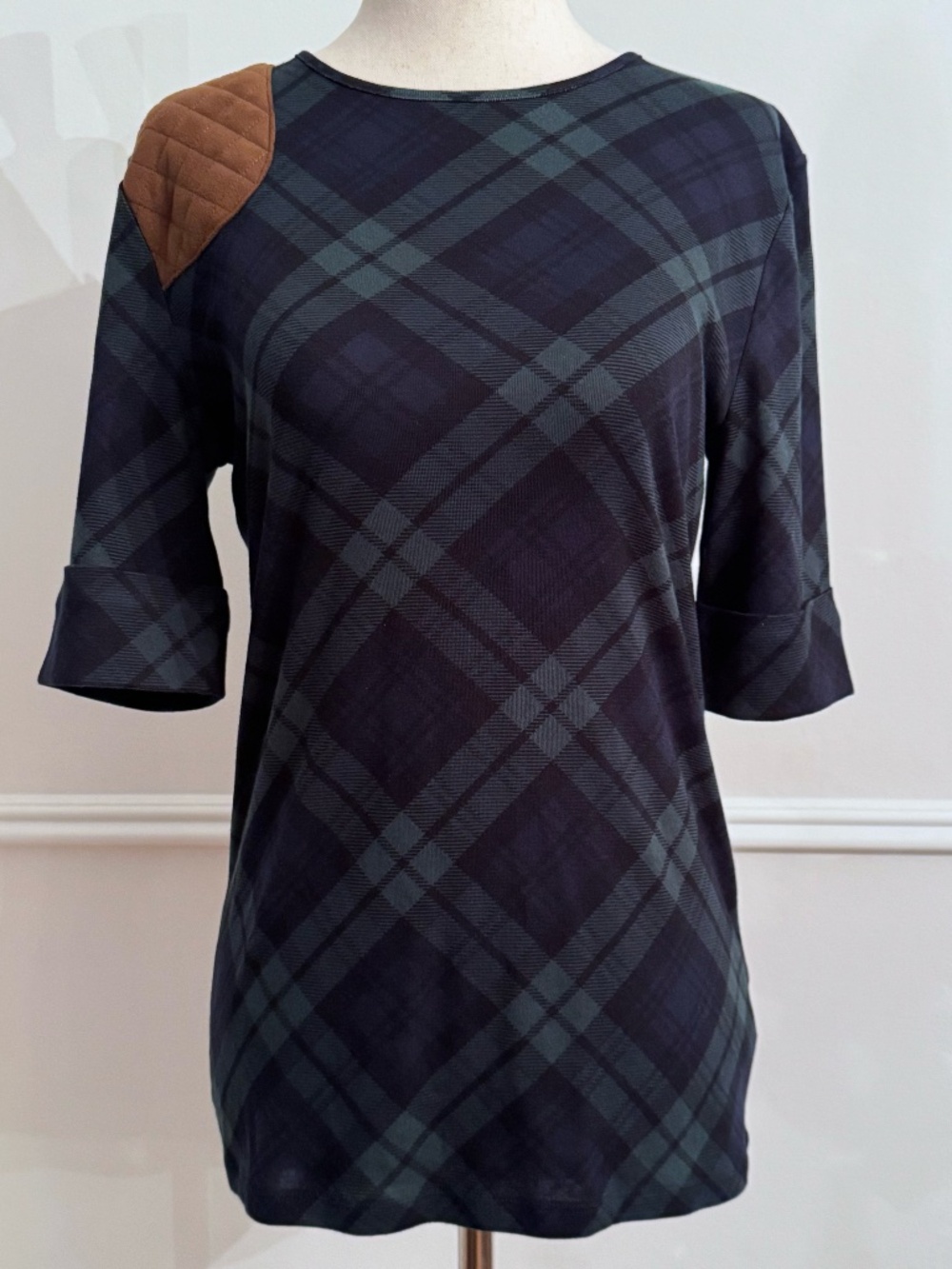 Lauren Ralph Lauren Navy Green Tartan Plaid Knit Top Suede Shoulder Patch M NWT